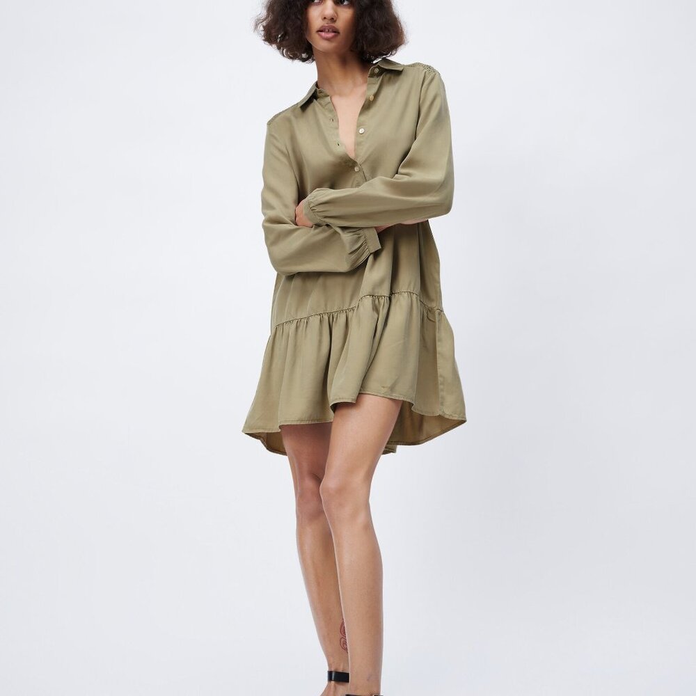 Zara Medium Light Khaki Tiered Dress